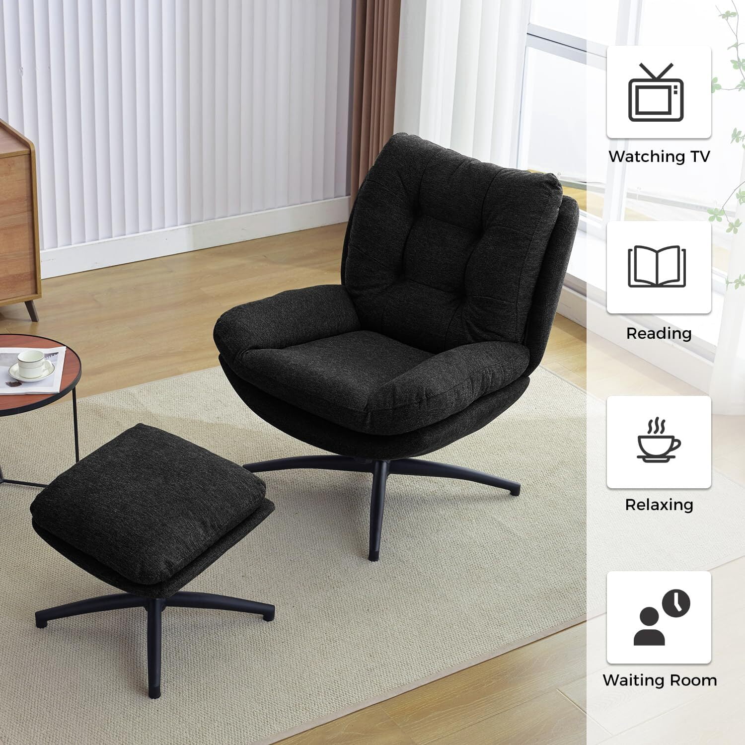 Comfort Stretch Black Swivel Accent Chair with Ottoman Rocker Glider Chairs Ottoman Footrest Set