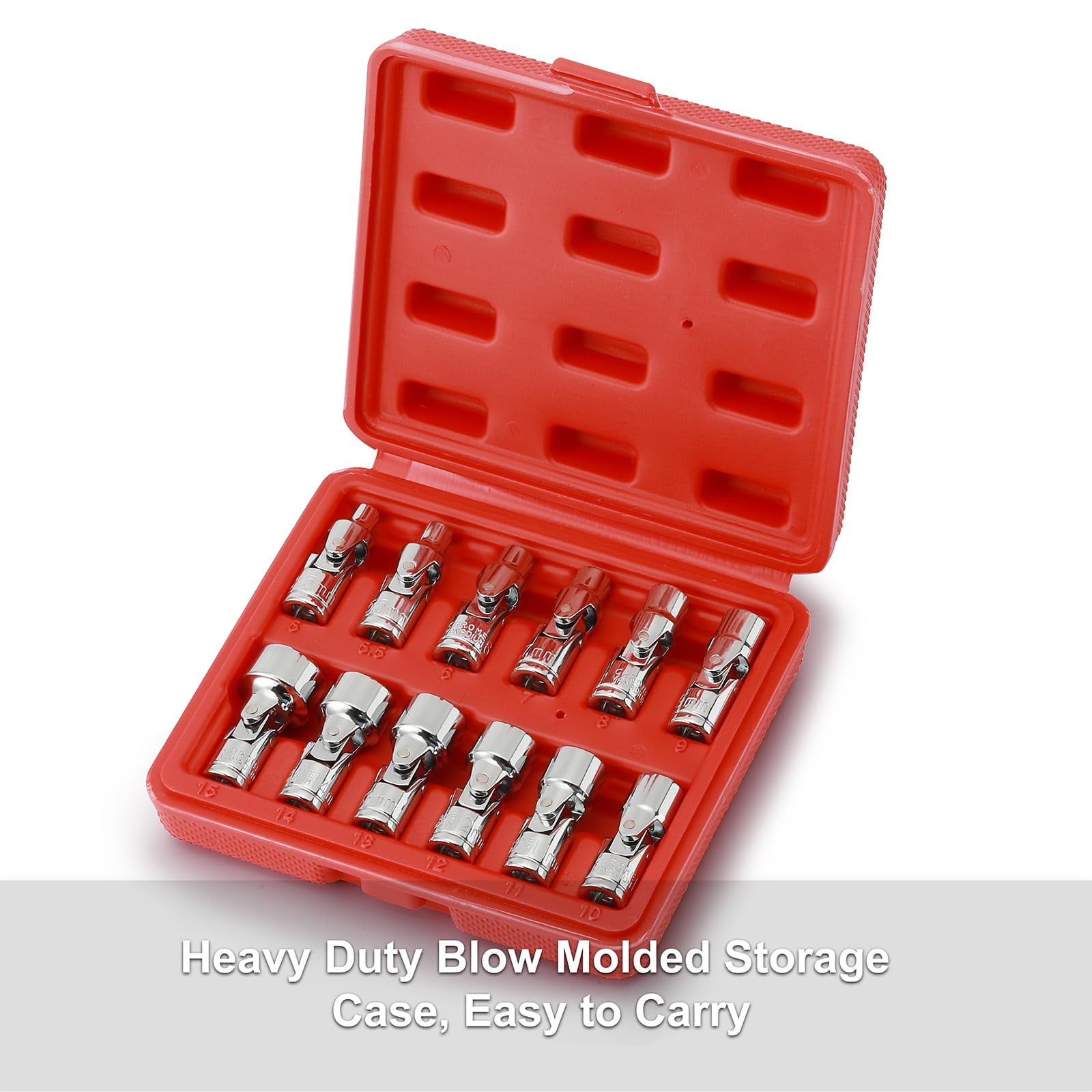 12PCS 1/4" Drive Universal Flex Socket Set, Metric 5-15mm, 6-Point CR-V Steel with 360° Swivel Head