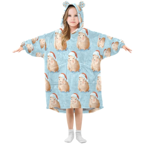 Wearable Blanket with Sleeves and Pocket Oversized Hooded Sweatshirt 3-14 YR Cute Capybara with Santa Hat S