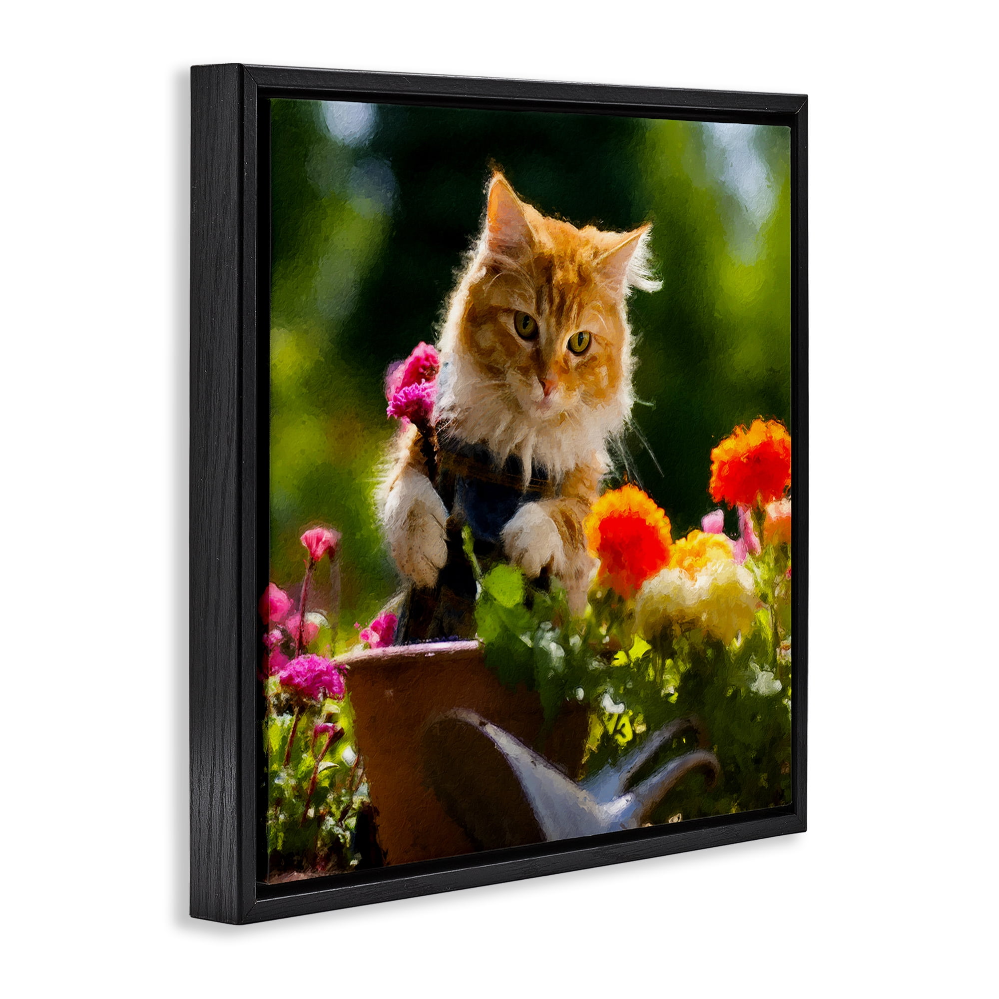 Stupell Industries Spring Gardener Kitten Animals & Insects Painting Black Floater Framed Canvas Art Print Wall Art, 18 x 18