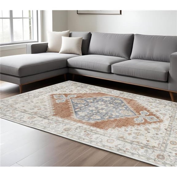 HomeRoots 521751 8 x 10 ft. Gray Orange & Ivory Floral Medallion Distressed Washable Rectangle Area Rug