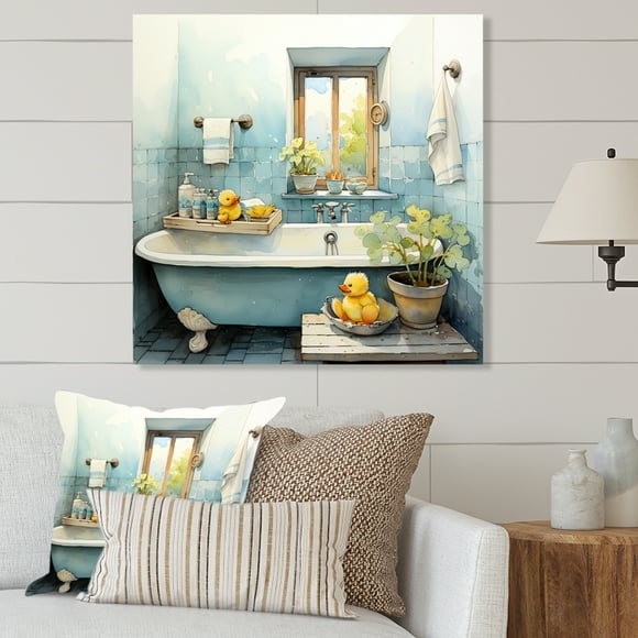 Designart "Yellow Duck in Bathroom Dip II" Coyote Metal Wall Art, Blue Metal Wall Decor, Modern Metal Art Decor For Hallway - 16x16 Inch