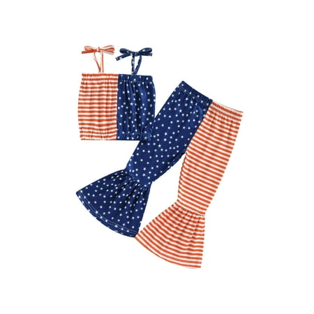 

Sunisery Independence Day Kids Girls Outfits 4th of July Stars Stripes Bandage Camisole and Elastic Flared Pants Summer Set