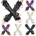 thumbnail image 2 of Xfvqtps Fingerless Gloves for Womens Thumb Hole Long Hollow Out Lace Strap Long Ribbon Party Mittens White, 2 of 4