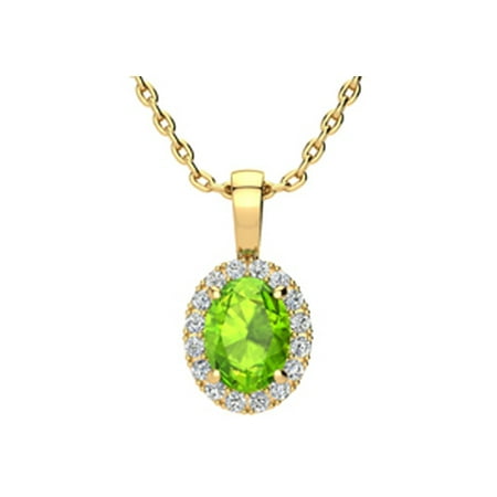 - 1 1/2 Carat Oval Shape Peridot and Halo Diamond Necklace In 10 Karat Yellow Gold With 18 Inch Chain