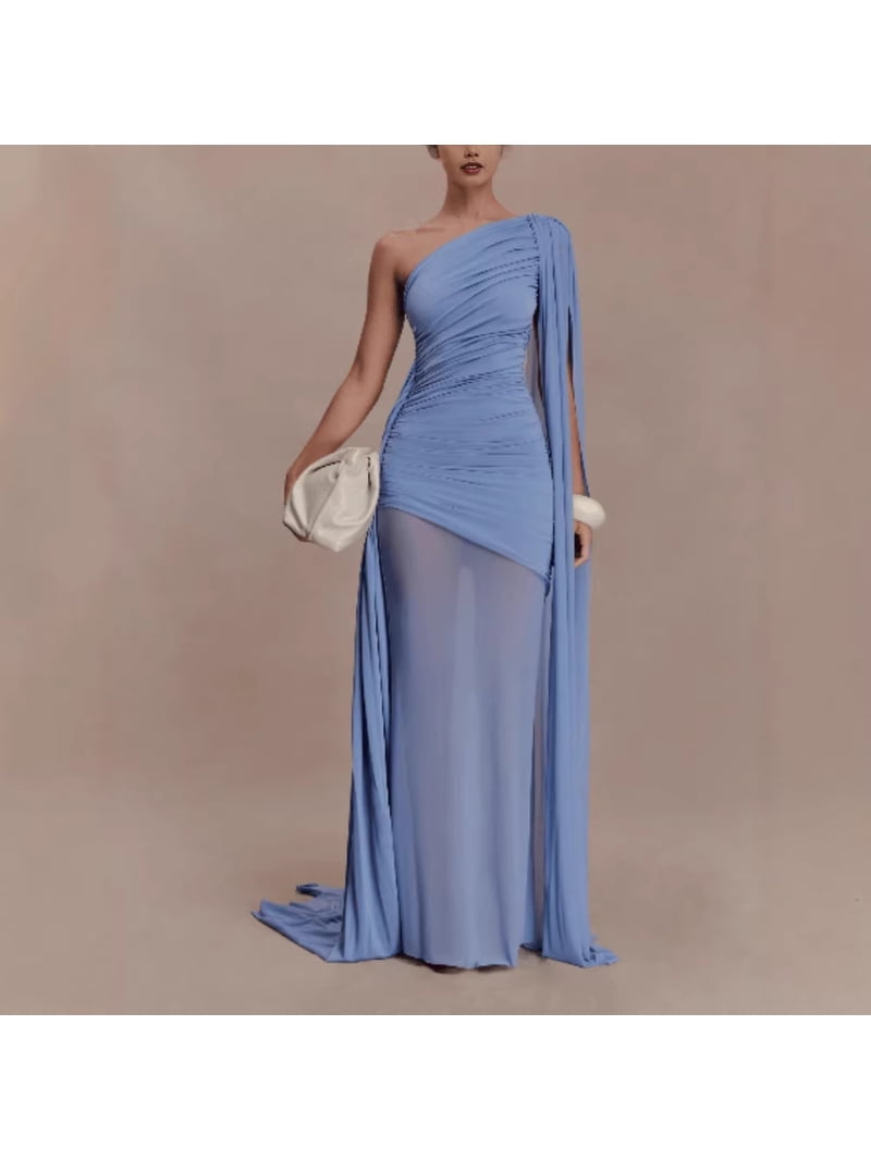 one shoulder sheer mesh dress Black One-Shoulder Gown - Mesh Sleeve Dress - Cutout Mesh Dress