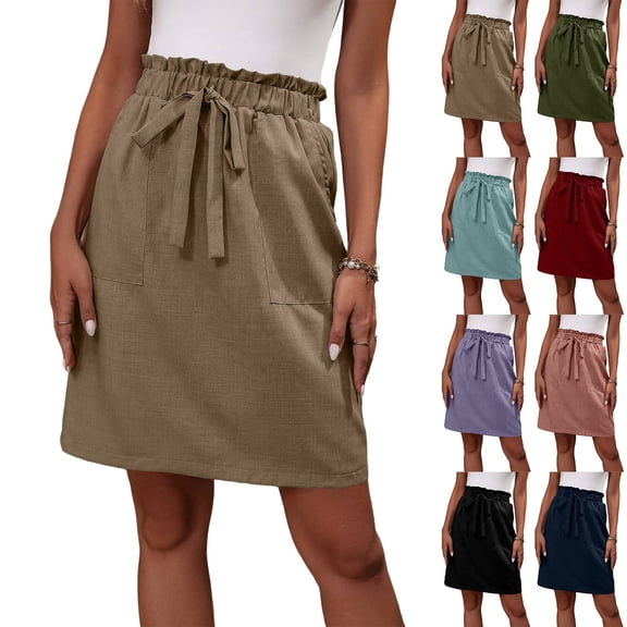 Womens Knee Length Skirt - Cotton French Terry Drawstring Tie High Waist Casual Skirts with Pocket Khaki L