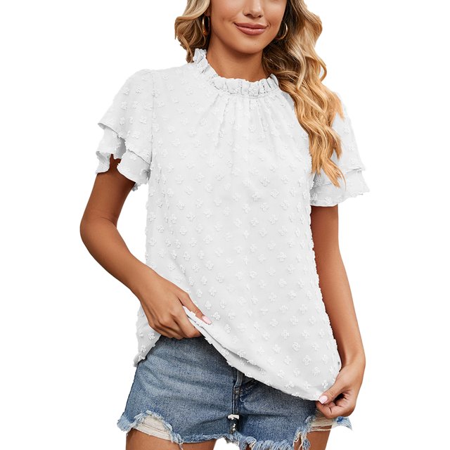 Top de cuello redondo para mujer, blusa holgada de Color puro de doble capa de manga corta para mujer, blusa Jacquard para uso diario