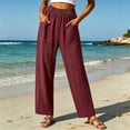 thumbnail image 2 of ZHYou No Boundarie Summer Linen Pants for Women Stretch Waist Straight Leg Lightweight Pull On Baggy Fit Trousers with 2 Flat Pockets Wine Size S, 2 of 6