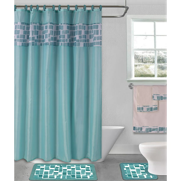 Fabric Covered Shower Hooks Included, Bathroom Shower Curtain Sets Blue
