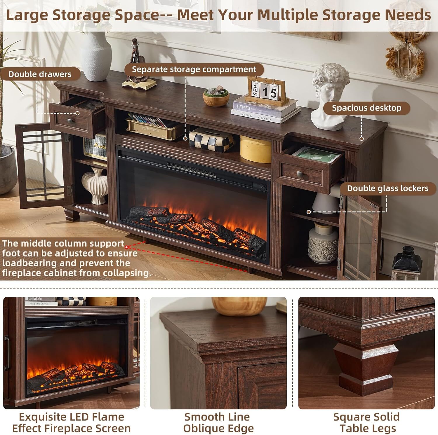 70" Fireplace TV Stand, Up to 80 inch, Entertainment Center with Electric Fireplace, Storage Cabinets, Open Shelves and Drawers, Media Console for Living Room, Walnut