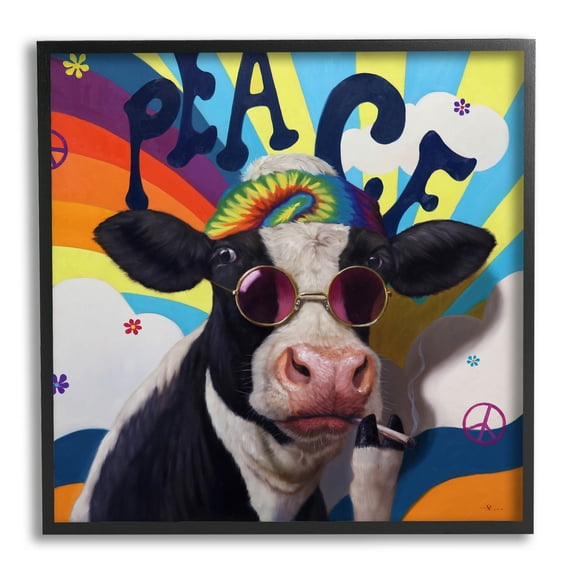 Peace 70s Hippie Cow Animals & Insects Painting Black Framed Art Print Wall Art
