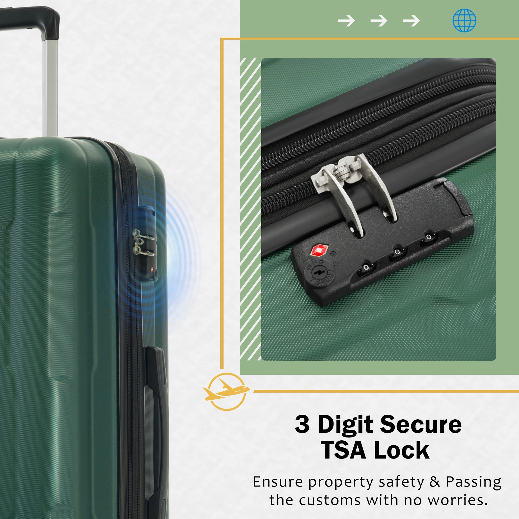 EUROCO 4-Piece Luggage Sets with Expandable Spinner Wheels,Hardside Carry On 20"& 24" Checked Luggage Set with TSA Lock and Scratch-Resistant Surface, Green