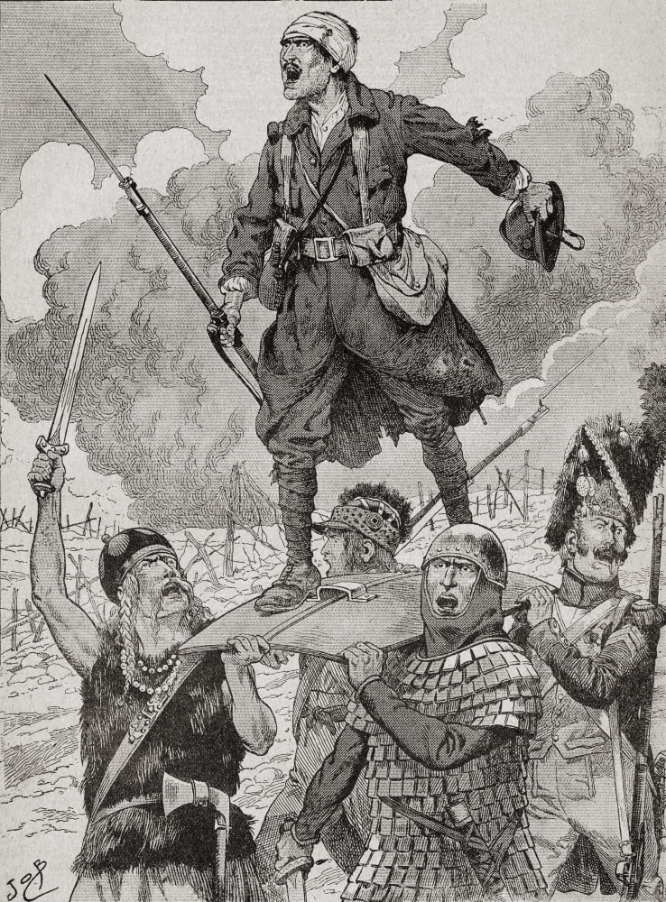 French propaganda poster entitled On Les Aura or We Will Have Them Four soldiers from different historical periods carry a wounded but defiant World War One soldier on a shield From Agenda Buvard du B