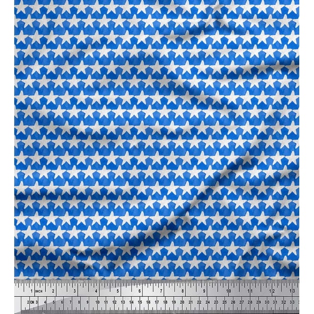 Soimoi Blue Rayon Fabric Texture & White Star Printed Craft Fabric by the Yard 42 Inch Wide