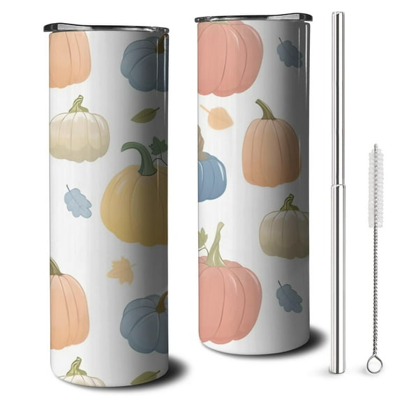 20oz Fall Pumpkins Leaves Pattern Skinny Tumblers Stainless Steel Tumbler with Lid and Straw,Vacuum Insulated Double Wall Travel Tumbler Cups with Cleaning Brush for Coffee,Tea