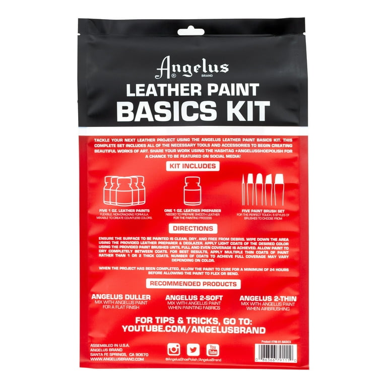Angelus Leather Paint Basics Kit Contains 1 Ounce Bottles of Black White Red Blue Yellow and Preparer Plus a 5 Piece Angelus Brush Set
