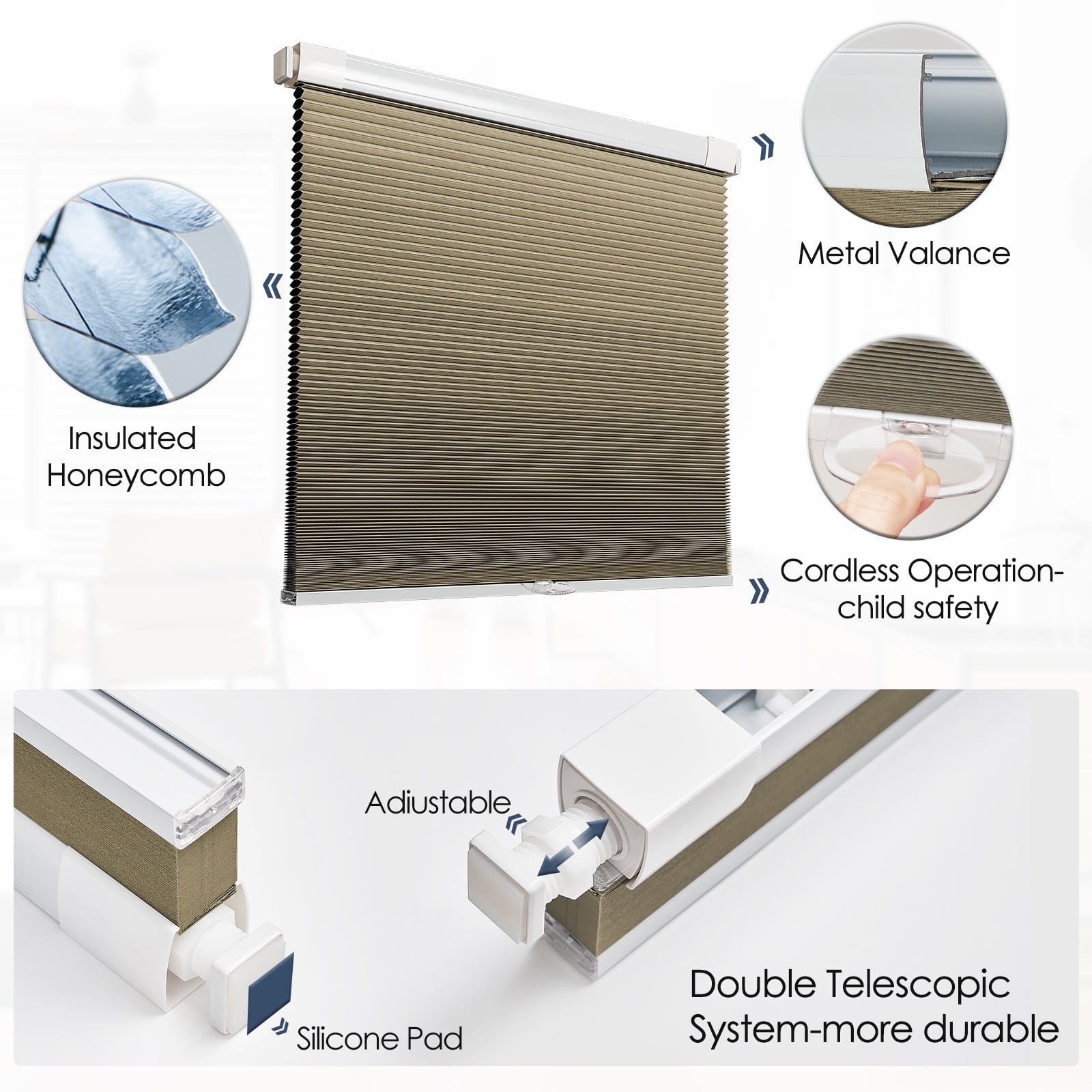Keego No Drilling Cordless Cellular Shades Honeycomb Window Blinds Easy Installation Heat Insulating Noise Reducing Curtains Blackout Tan, 57.0"w x 70"h