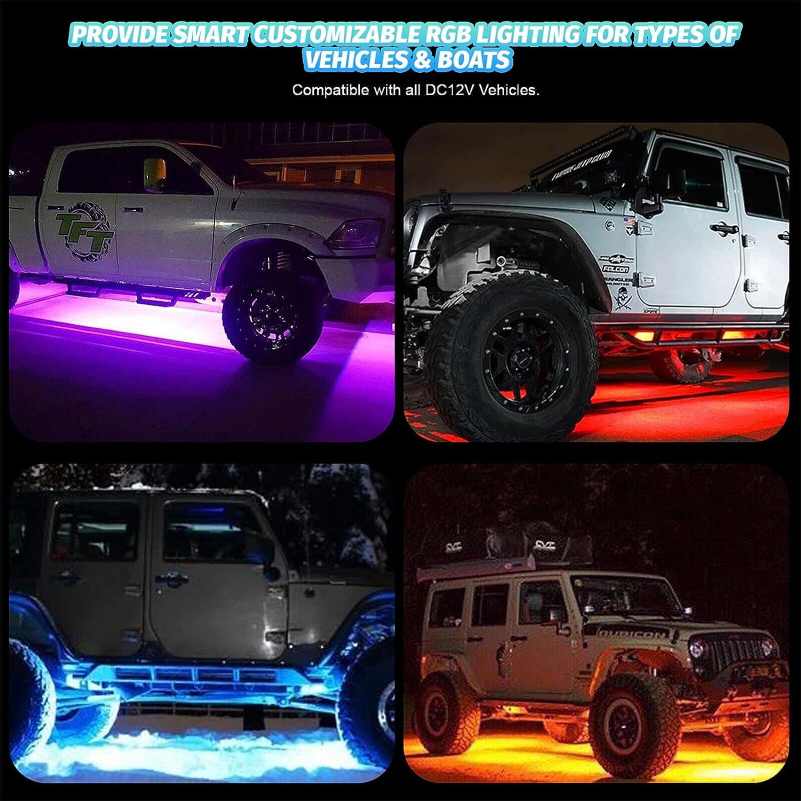 Yiyasu LED Exterior Decorative Lights fits Truck Underbody RGB Long-Term Durability 12 Piece