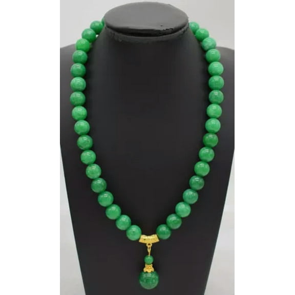 K-KED Natural 8/10/12mm Green Jade Round Gemstone Beads Pendant Necklace 18" AAA-12 mm-28 in