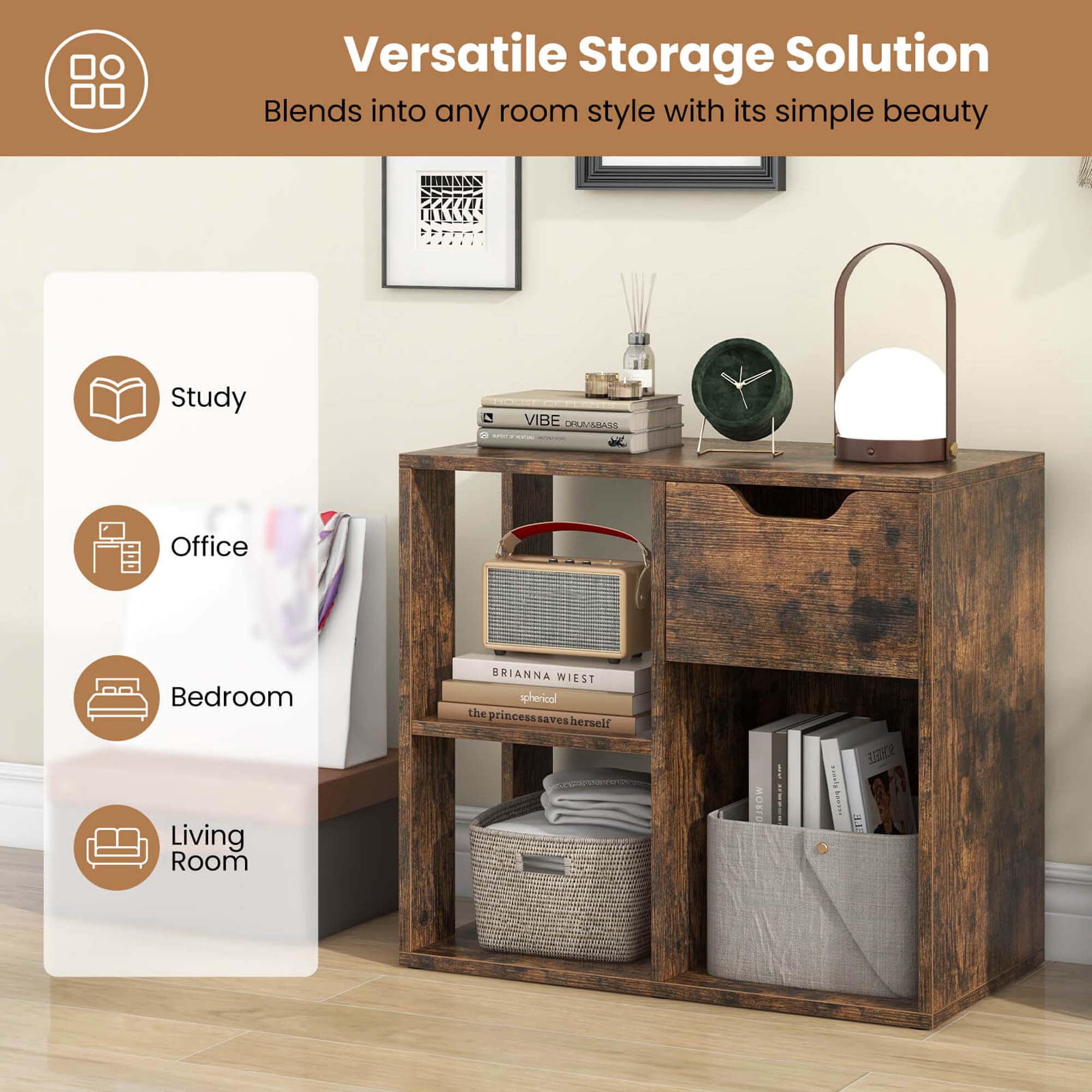 Costway 1 PCS 3-Cube Bookshelf 2-Tier Open Shelf Bookcase with Drawer Home Storage Organizer