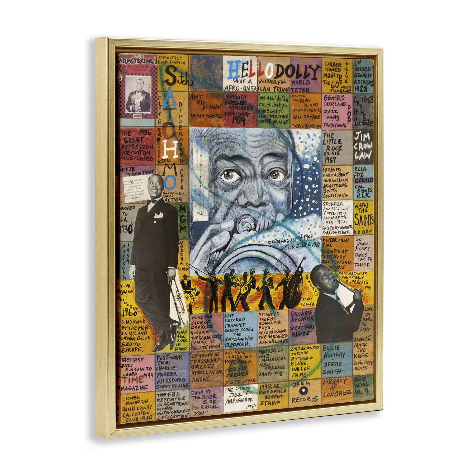 Stupell Industries Louis Armstrong Collage People Drawing Gold Floater Framed Canvas Art Print Wall Art, 17 x 21