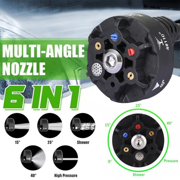 6-in-1 Adjustable Pressure Washer Nozzle, 1/4 Inch Quick Connect Spray Tip, 3000 PSI High Pressure Water Wand Attachment for Car Washing, Driveway, and Patio Cleaning, Multi-Angle Replacement Nozzles