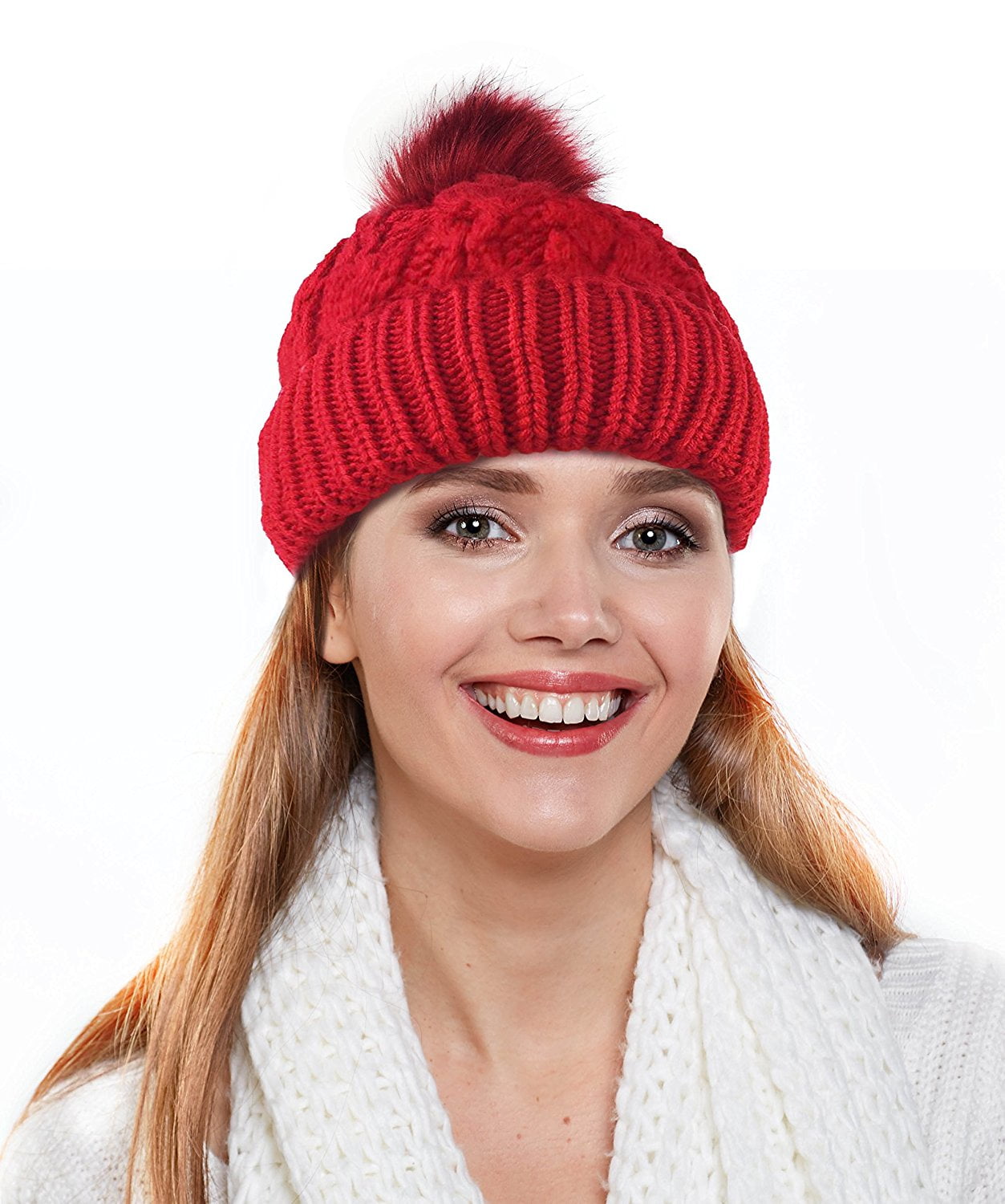 Chunky Cable Knit Beanie Hat w/ Faux Fur Pom Pom Winter Soft Stretch