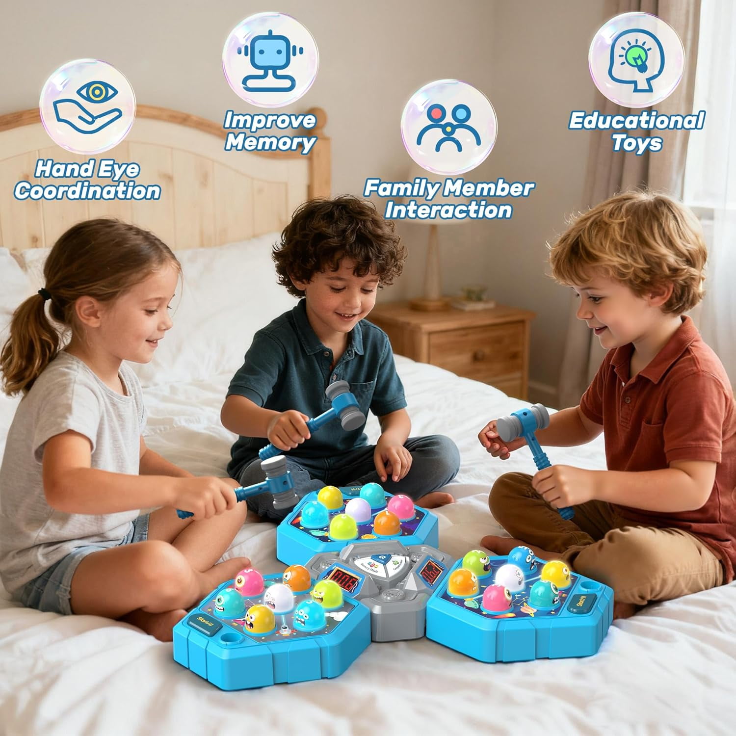 3-Player Whack Game Mole Toy , Early Learning Toy with Lights & Sounds, Interactive Pounding Hammer Toy with 3 Game Modes