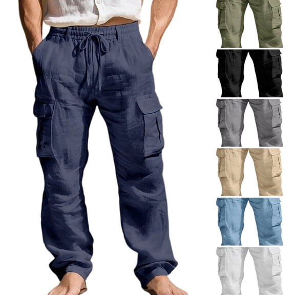 WULMLEO Men's Cargo Sweatpants Drawstring Joggers Relaxed Fit Stretch Linen Cotton Casual Pants with Pockets Navy L