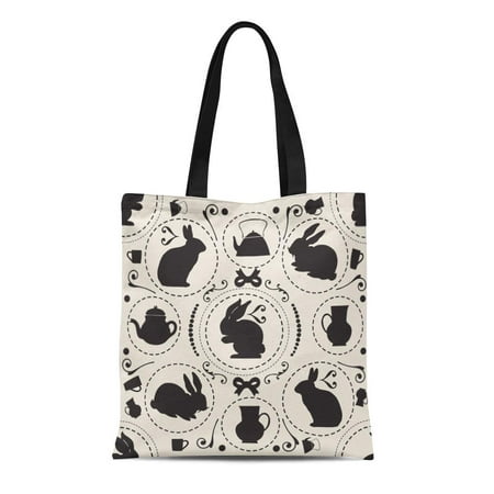 ASHLEIGH Canvas Tote Bag Watercolor Bunny Vintage Pattern Rabbit and Teapot Wonderland Easter Egg Reusable Shoulder Grocery Shopping Bags Handbag