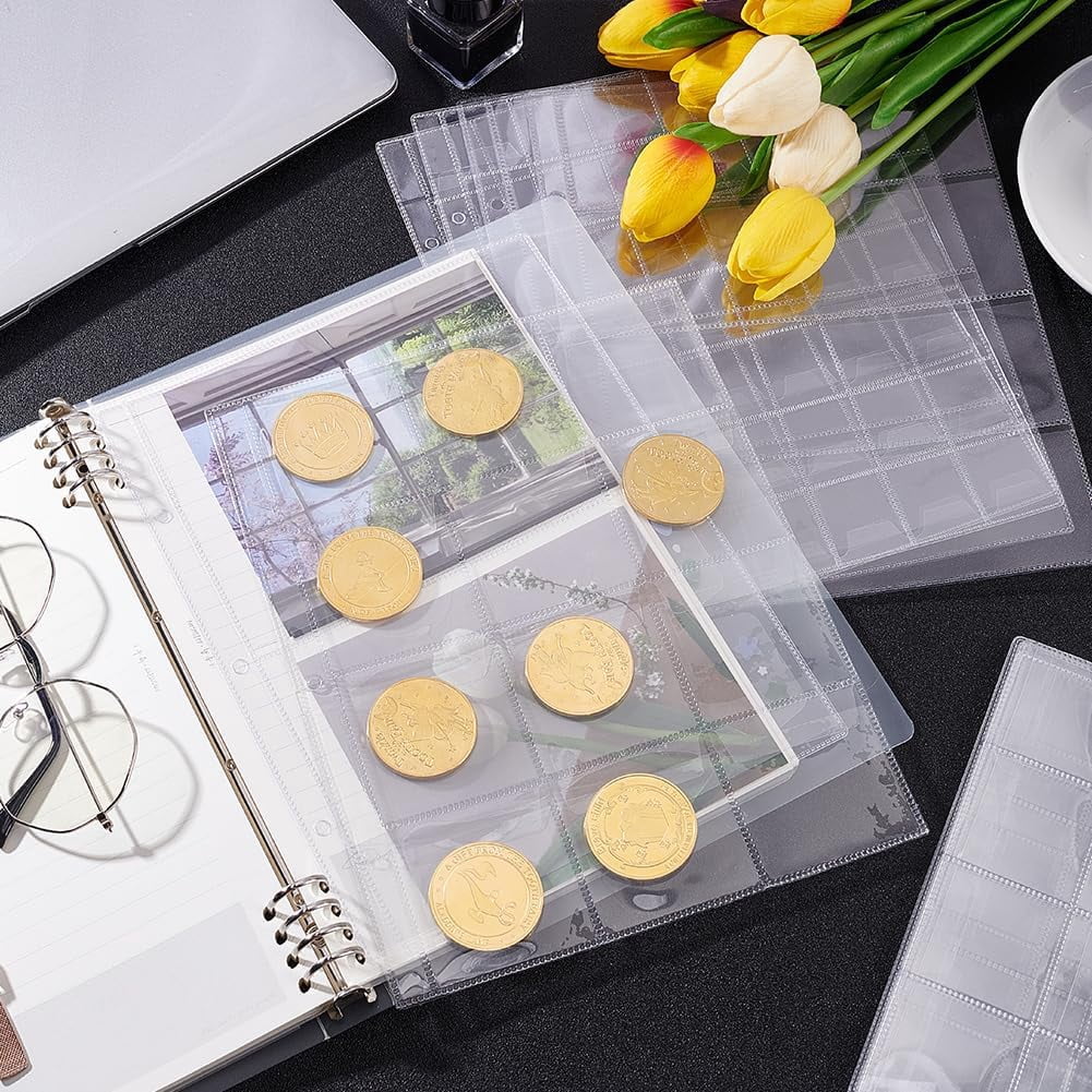 18 Sheet 6 Size Coin Stamp Collection Pages Plastic Coin Holders Sheet Money Pocket Inserts Collecting Sleeves Stamp Binder Sheets Money Page for Coin Album Stamp Storage Holder