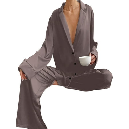 

Grianlook Women Nightwear Button Down Pajamas Sets Solid Color Sleepwear Ladies Plain Lounge Set Loose Lapel Collar Camel M