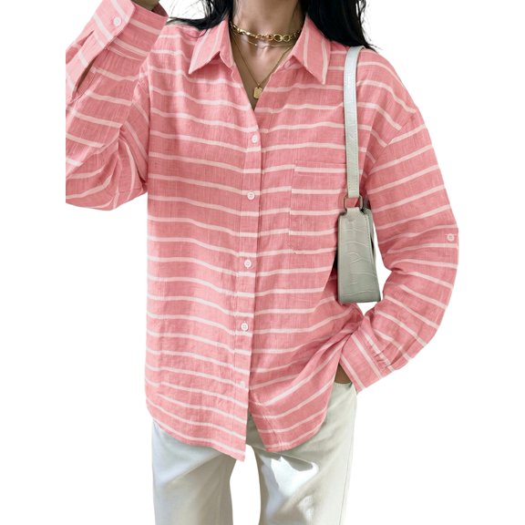 Oversized Button Down Shirts for Women Shirt Long Sleeve Collared Blouses with Pocket Beach Outfit Pink S
