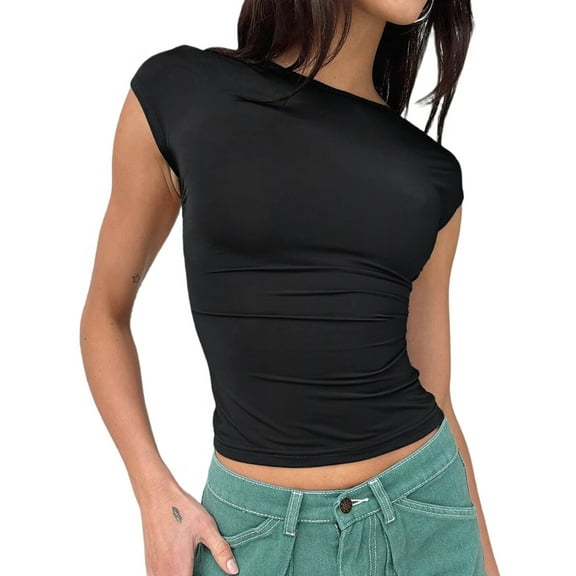Backless Slim Fit T Shirt for Women Short Sleeve Crew Neck Crop Top Casual Summer Y2K Crop Tee Black S