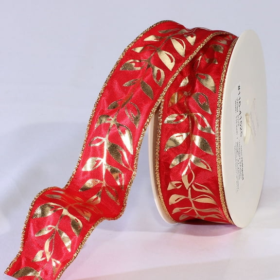 The Ribbon People Red and Gold Colored "Holiday Wreath" Print Wired Craft Ribbon 1.5" x 54 Yards