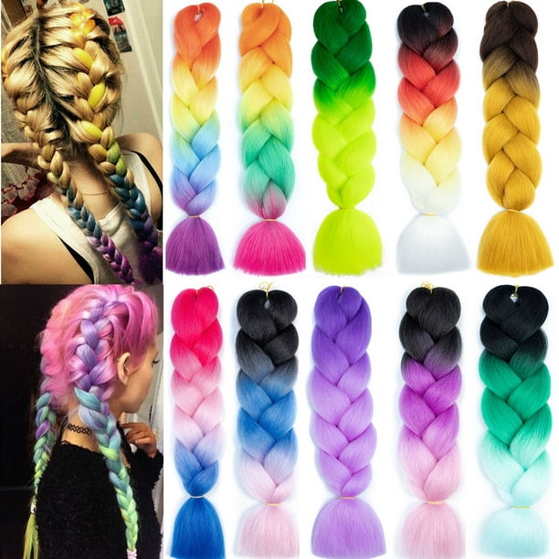 Ezshoot 24 Any Colour Braiding Ombre Rainbow Hair Extensions Synthetic Jumbo Braids For Party Decor Parts Use C18 Black-Dark Green-Silver Ash