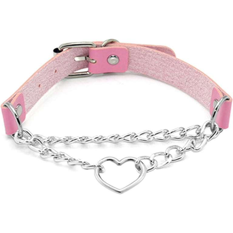 Show Your Wild Side with this Pink Leather Choker Necklace Heart Collar and Leash Combo for Unisex Cosplay Jewelry