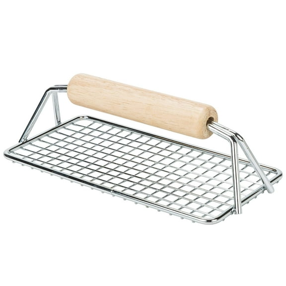 AME D'ESSENCE (1-PC) Bacon Press Chrome Plated Wire Light Weight Medium Size 8 x 4 w/Wooden Handle