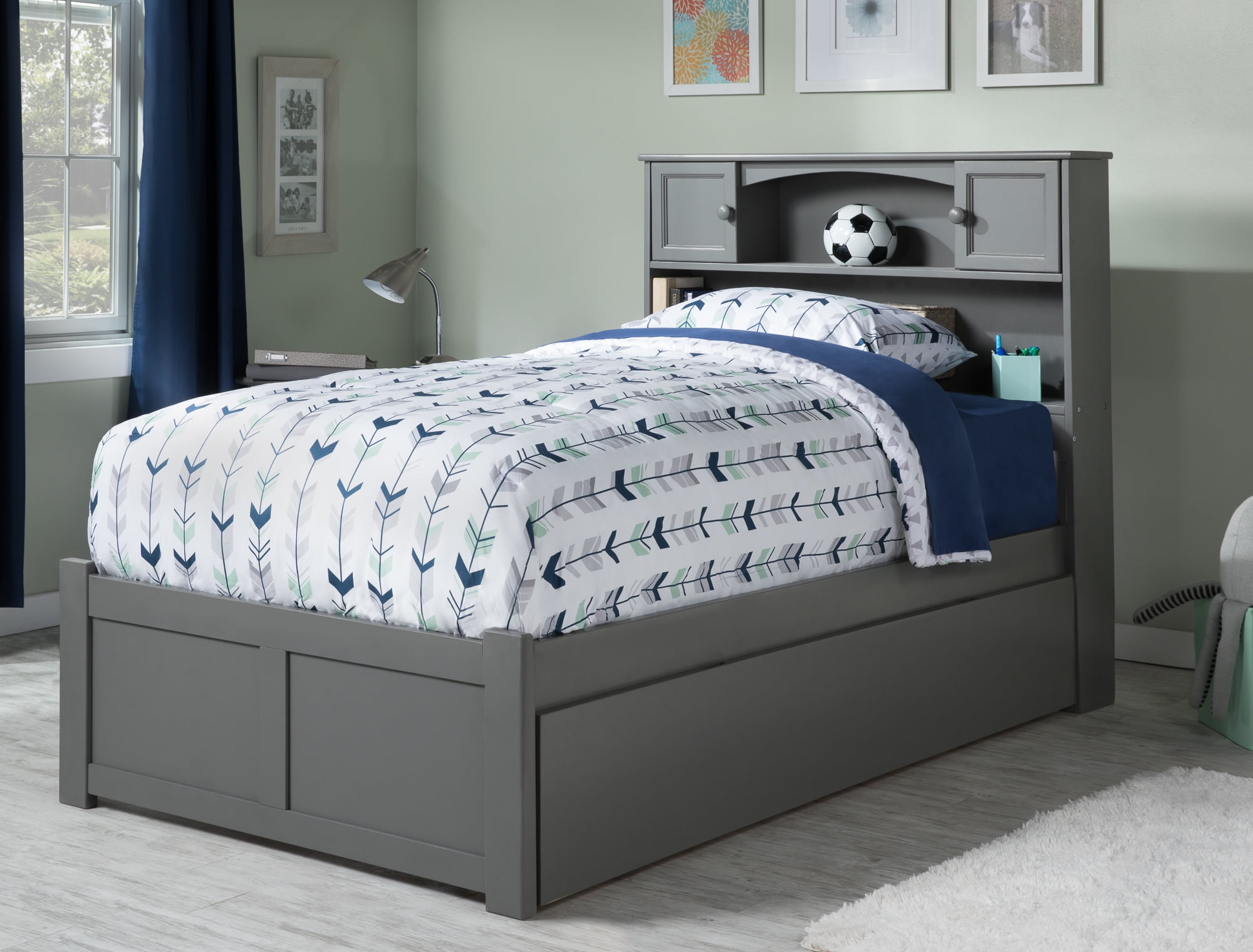 AFI Newport Full Solid Wood Platform Bed with Footboard & Twin Trundle in Grey