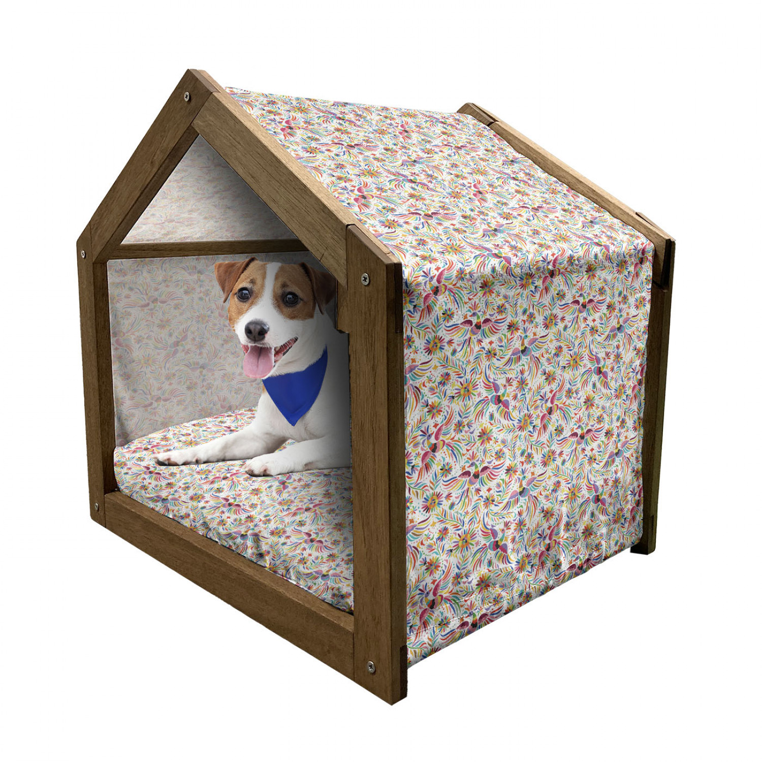 Floral Patterned Wooden Dog House with Canopy and Pillow