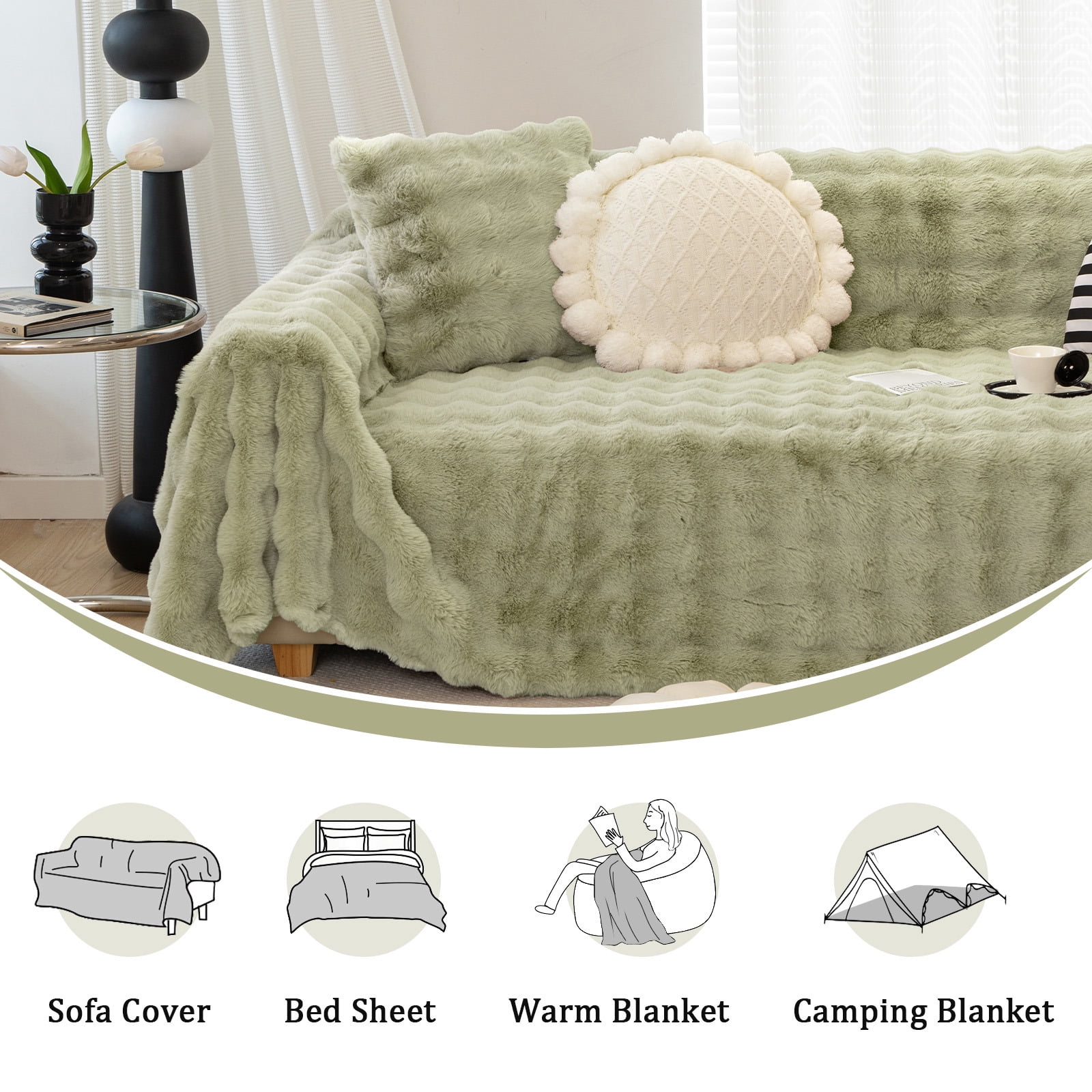 WOOW DEPOT Warm Faux Rabbit Fur Sofa Cover Machine Washable, Thick Throw Blanket L Shape Slipcover for 2 - 3 Cushion Couch, Green 71"x118"
