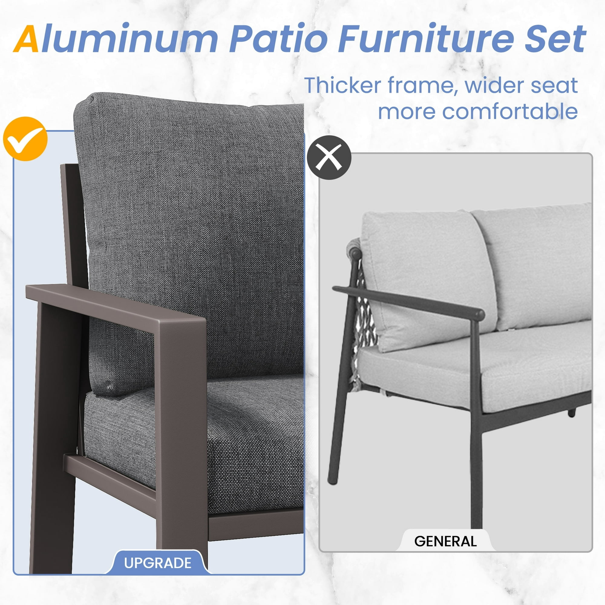 UDPATIO Aluminum Patio Furniture Set, Contemporary Outdoor Couch Set, Aluminum Patio Conversation Set, Gray
