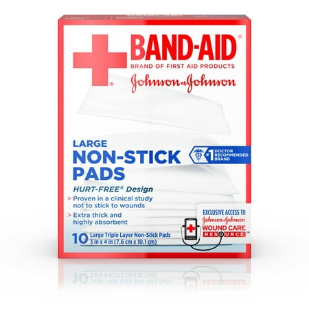 (2 pack) Band-Aid Brand Hurt-Free Non-Stick Pads, Large, 3 in x 4 in, 10