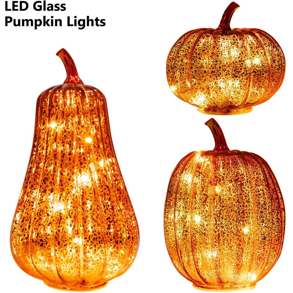 KI Store Glass Pumpkin with Lights and Timer Set of 3 Large LED Lighted