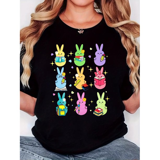 Women'S T-Shirt, "Reading Bunny" Print, Retro Minimalist Fashion, Crew Neck, Casual Comfort, Sports Short Sleeve T-Shirt