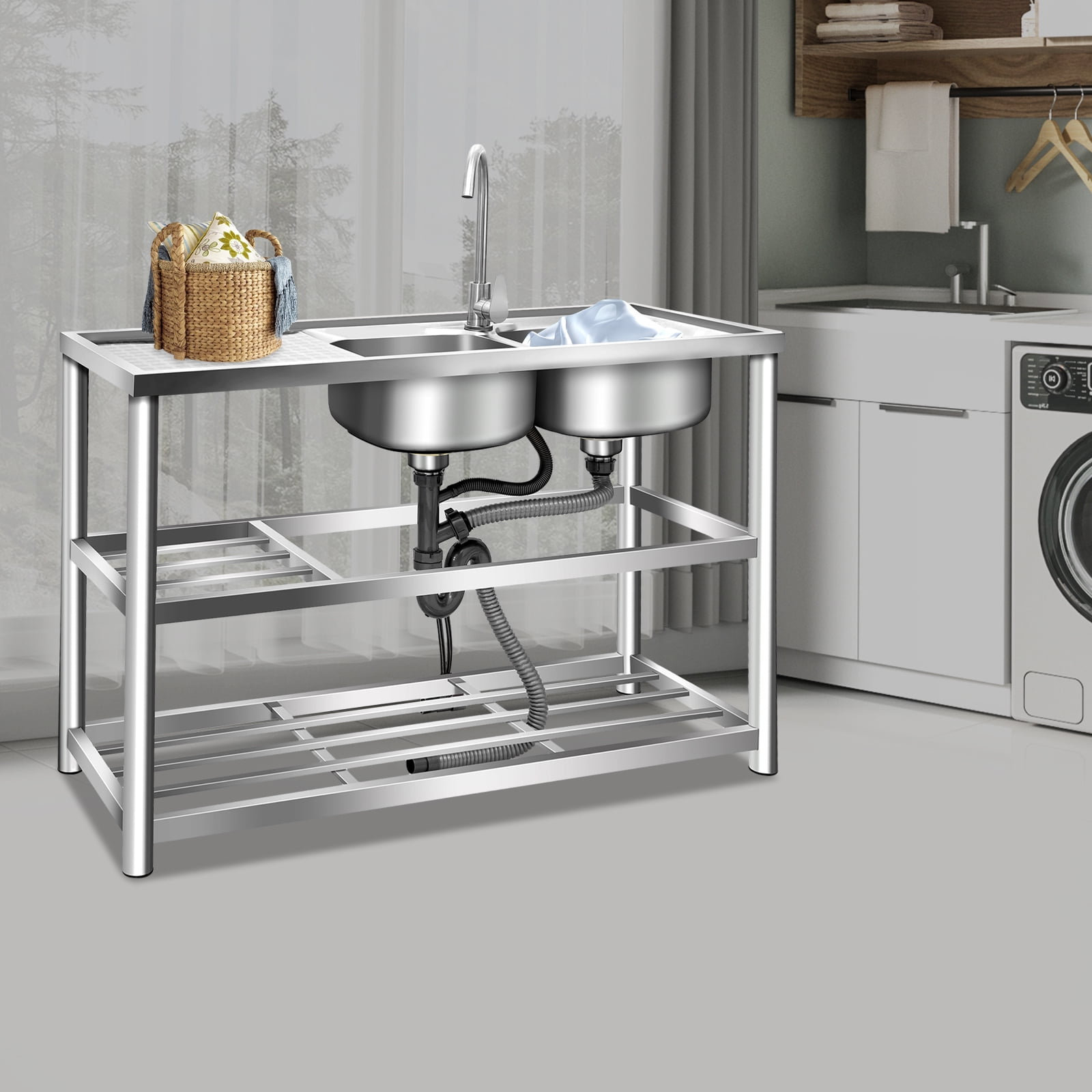 Peakora 3 in 1 Kitchen Utility Sink Stainless Steel Kitchen Sink with Two Sinks and Faucet Freestanding Outdoor Kitchen Commercial Sink with Double-Layer Storage Shelf