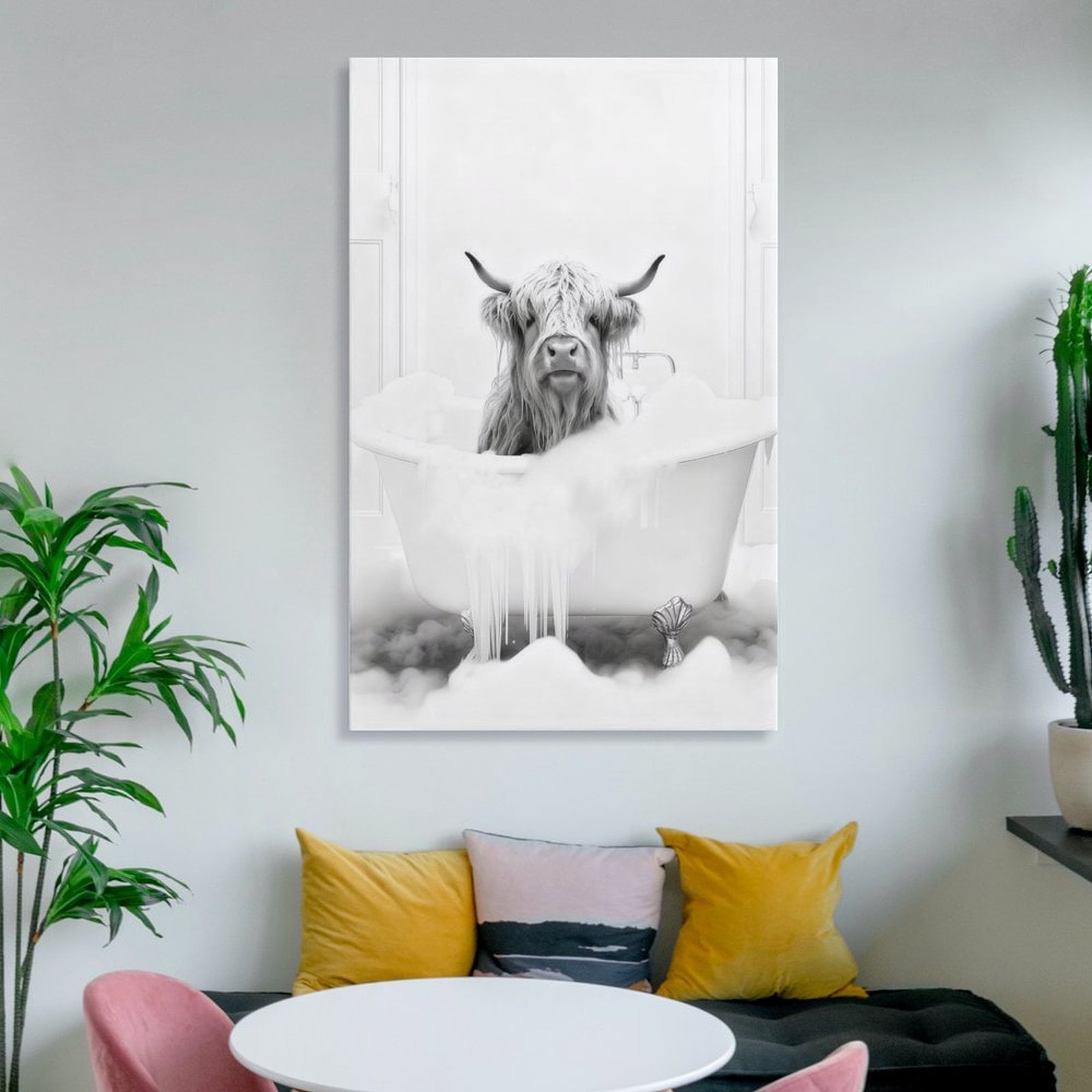 Funny Bathroom Framed Wall Art Black and White Animal Canvas Wall Art Prints Highland Cow In Bathtub Pictures Wall Decor Modern Minimalist Humorous Artwork For Restroom