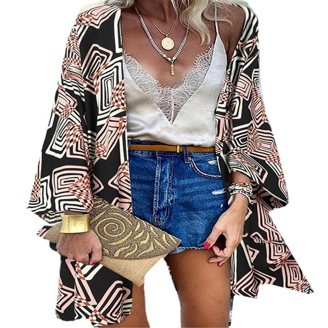 CHUANK Blouse à Manches Longues à Imprimé Bohème pour Femmes Grande Taille, par-Dessus, Kimono Cardigan Décontracté d'Été