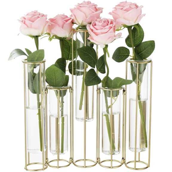 Golden Hinged Test Tube Flower Vase, Foldable Metal Stand with 5 Glass Vases, Hydroponic Plant Display for Home Decor, Table Centerpiece for Fresh Faux Flowers Dried Pampas